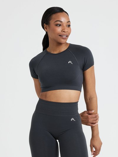 Oneractive EffortlessLift™ Seamless Short Sleeve Crop Top with White Logo | Coal