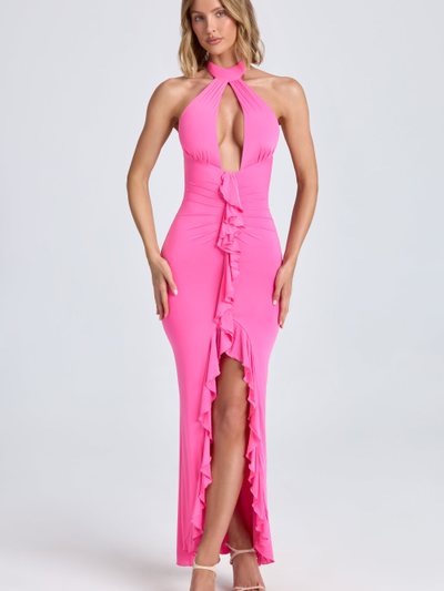 Oh Polly Ruffle-Trim Halterneck Gown in Lollipop Pink