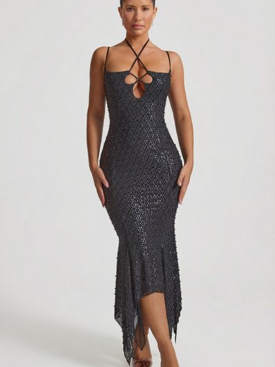 Ohpolly Embellished Cut-Out Asymmetric Midaxi Dress in Black