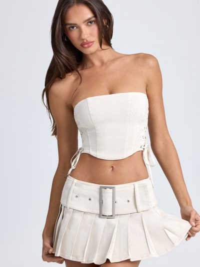 Ohpolly Belted Pleated Low-Rise Micro Mini Skirt in Ecru