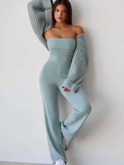 Oh Polly Chunky Knit Bandeau Kick Flare Jumpsuit in Dusty Teal
