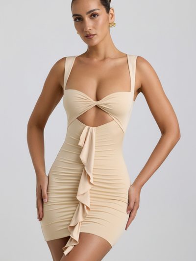 Ohpolly Slinky Jersey Cut-Out Ruffle-Trim Mini Dress in Buttercream