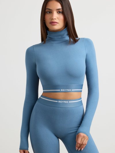Ohpolly Backless Turtleneck Long-Sleeve Crop Top in Steel Blue