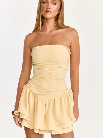 Showpo Millie Mini Dress - Strapless Gathered Frill Layered Fit And Flare Dress in Lemon