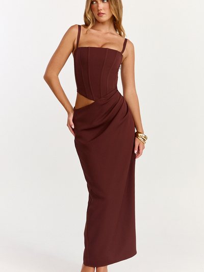Showpo Jonas Midi Dress - Strapless Corset Bodice Draped Waist Skirt Dress in Chocolate