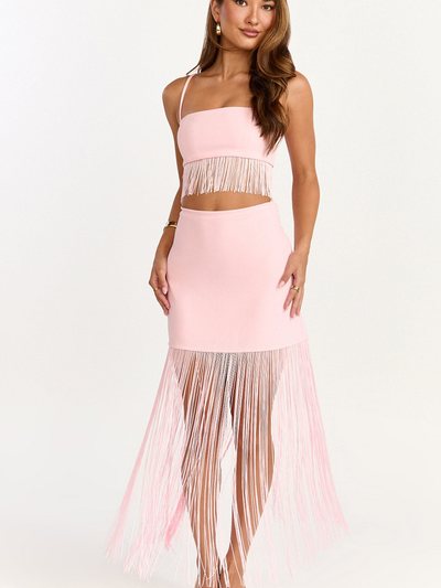 Showpo Evie Two Piece Top and Skirt Set - Fringed Micro Top And Tiered Fringed Mini Skirt in Pink