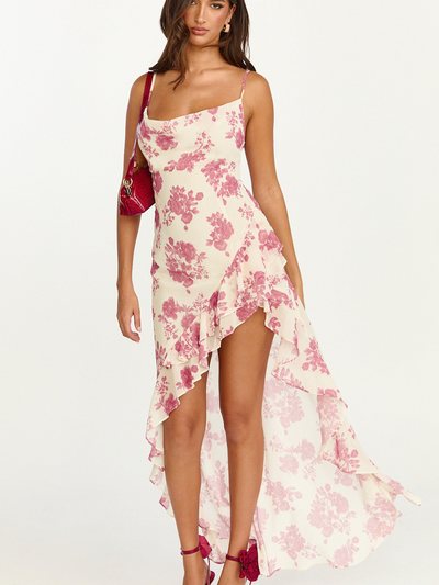 Showpo Lila Maxi Dress - Cowl Neck Asymmetric Frill Skirt Dress in Toile De Joie Print