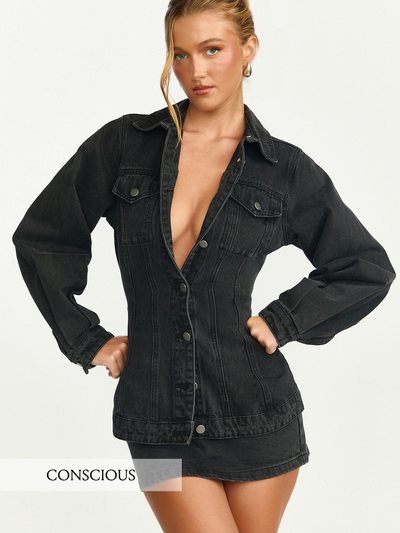 Showpo Tianna Jacket - Long Sleeve Contoured Recycled Denim Jacket in Washed Black