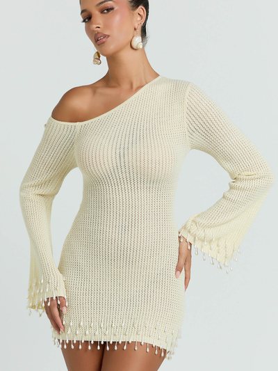 Showpo Izira Mini Dress - Knit One Shoulder Long Sleeve Pearl Bead Dress in Ivory