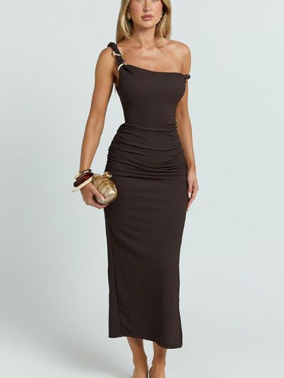 Showpo Tilly Midi Dress - Stretch Fitted Shoulder Trim Side Split Dress in Chocolate