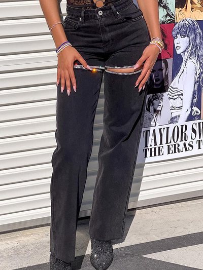 Beginning Boutique Gem Diamante Trim Wide Leg Black Denim Jeans