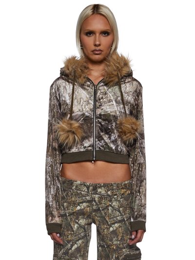 Dolls Kill Camo Velour Hoodie With Faux Fur Trim