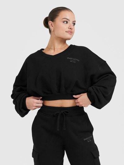 Oneractive All Day Est 2020 Crop V Neck Sweatshirt | Black