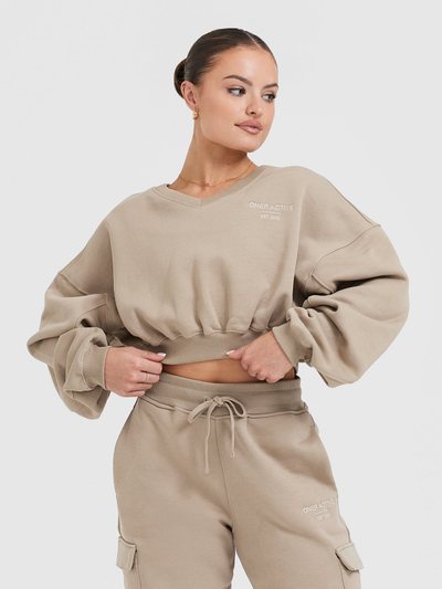Oneractive All Day Est 2020 Crop V Neck Sweatshirt | Sandstone