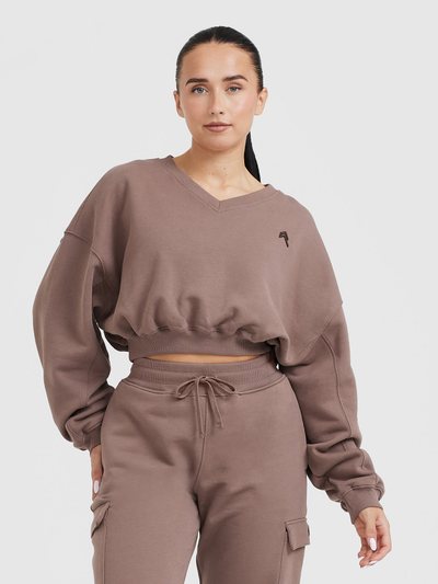 Oneractive All Day Lightweight Oversized V Neck Sweatshirt | Cool Brown