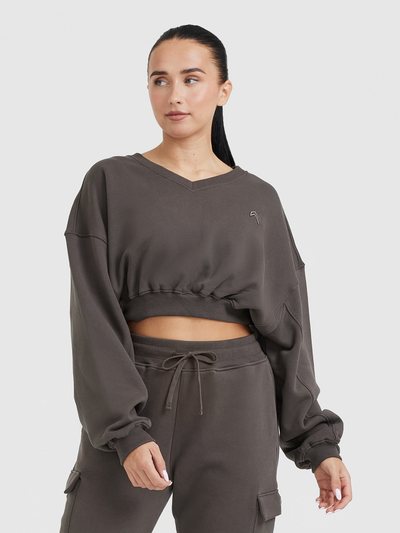 Oneractive All Day Lightweight Oversized V Neck Sweatshirt | Deep Taupe