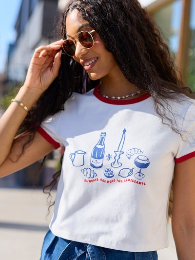 Pinklily Croissants For Dinner White Graphic Cropped Tee SALE