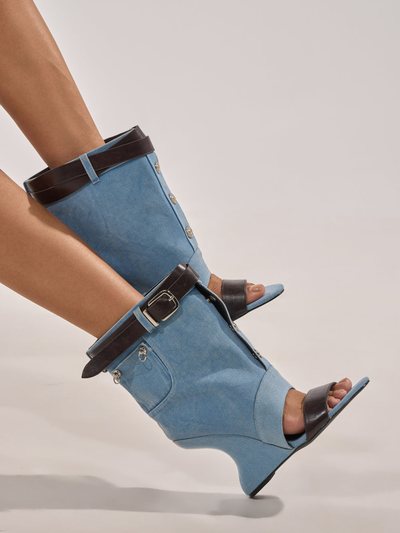 Shopakira AKIRA GOLD BLEILIC DENIM WEDGE OPEN TOE BOOTIE